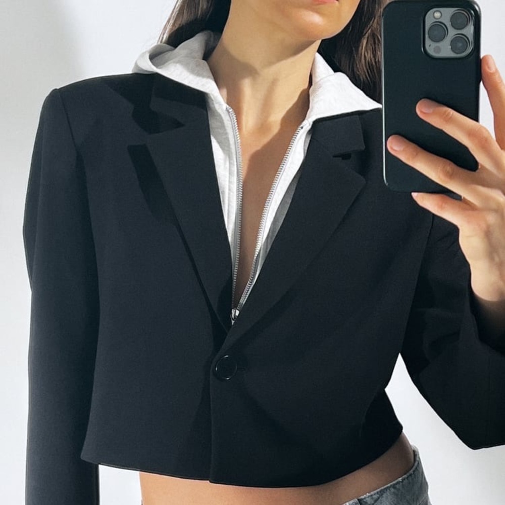 Zara Black Cropped Blazer with attached grey hood